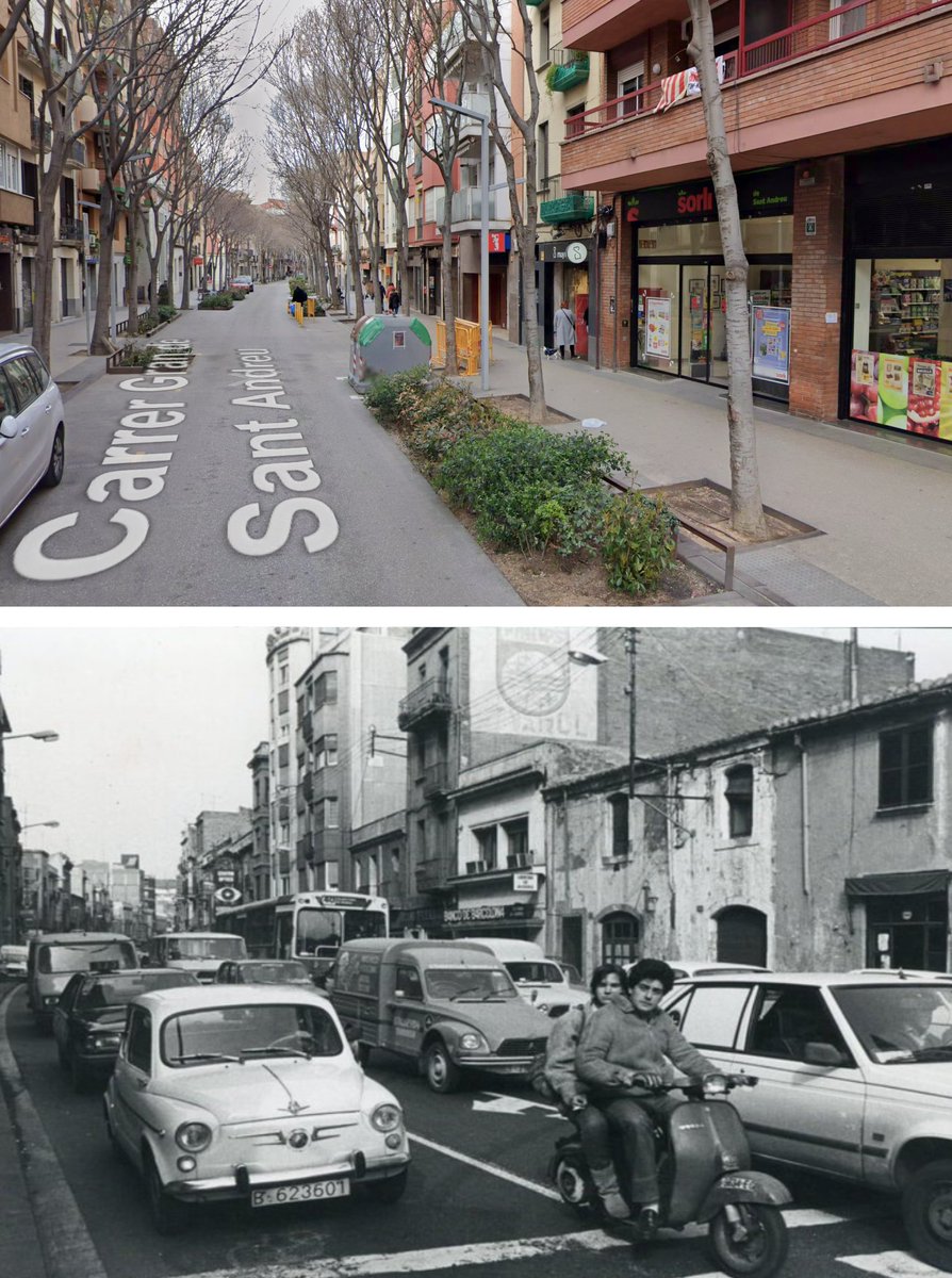 És exactament el mateix lloc
Carrer Gran de Sant Andreu, als anys 70 i ara. 
Hem convertit Barcelona en un poble 😅😂
