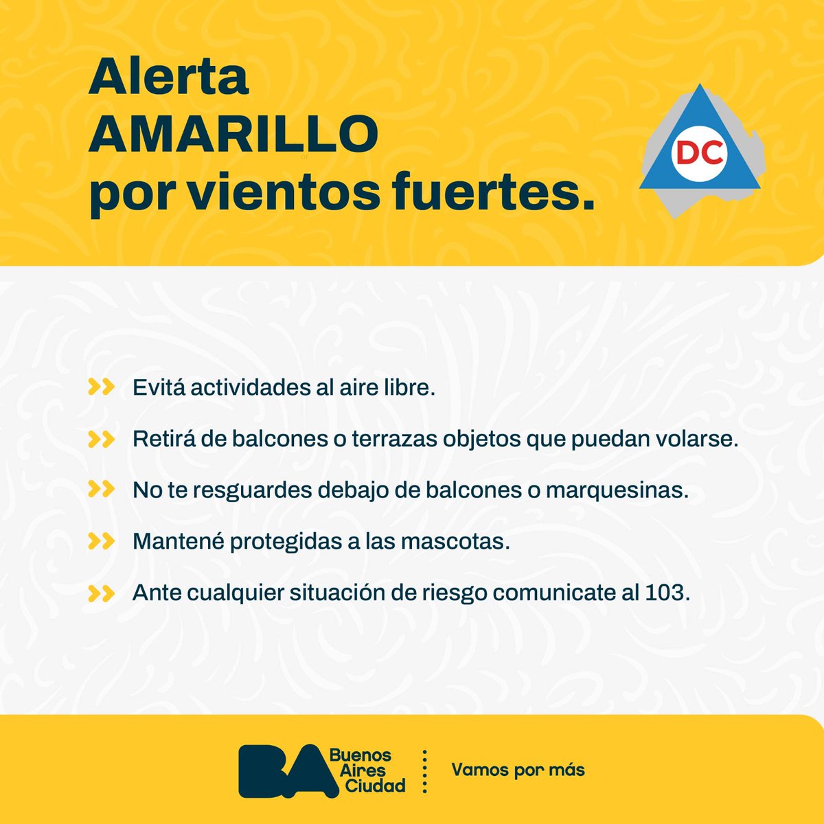 Emergencias BA (@emergenciasba) on Twitter photo Rige un alerta amarillo del <a href="/SMN_Argentina/">SMN Argentina</a> por vientos fuertes. Seguí estos consejos para evitar riesgos Rige un alerta amarillo del <a href="/SMN_Argentina/">SMN Argentina</a> por vientos fuertes. Seguí estos consejos para evitar riesgos