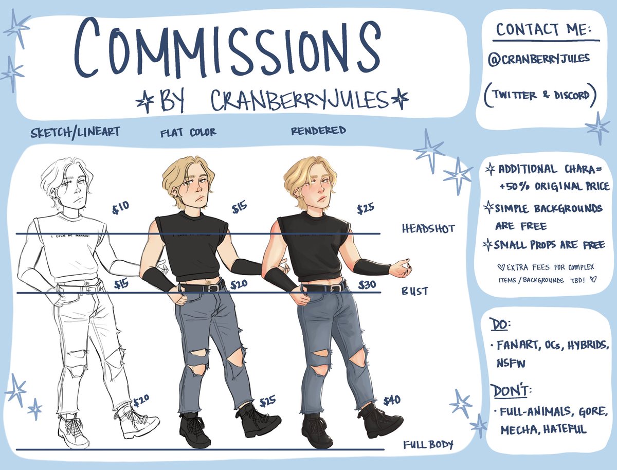 HI i thought it was about time i actually put together a commishy sheet
~
if you’re interested, you can DM! if you would be so kind as to rt, that would also be grand 🤍