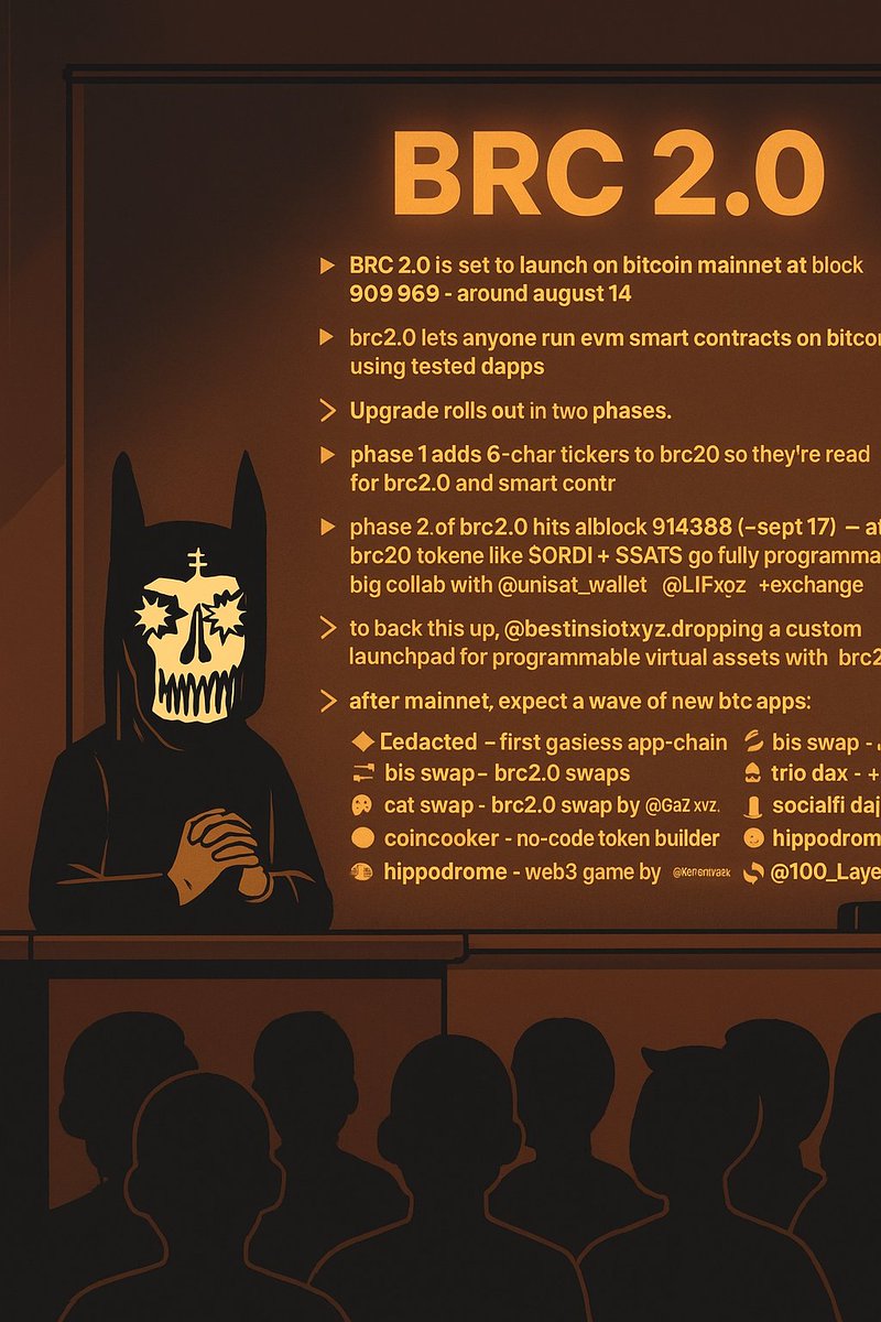 Psycho Diss"pancer 💊 (@psydiss) on Twitter photo great article from <a href="/bestinslotxyz/">Best in Slot | BRC2.0 Loading... ⏳</a> about BRC 2.0 - highly recommend reading the whole thing
but here’s a q tldr just in case:
➱ BRC 2.0 is set to launch on bitcoin mainnet at block 909,969 - around august 14
• brc2.0 lets anyone run evm smart contracts on bitcoin using great article from <a href="/bestinslotxyz/">Best in Slot | BRC2.0 Loading... ⏳</a> about BRC 2.0 - highly recommend reading the whole thing
but here’s a q tldr just in case:
➱ BRC 2.0 is set to launch on bitcoin mainnet at block 909,969 - around august 14
• brc2.0 lets anyone run evm smart contracts on bitcoin using
