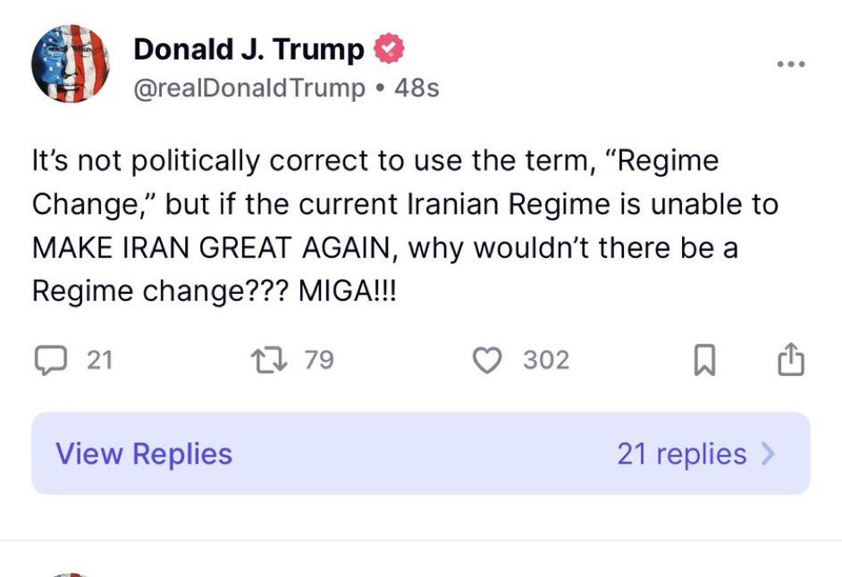 Vance kl. 16: “Our view has been very clear; we don’t want a regime change.”

Trump kl. 23: “If the current Iranian Regime is unable to MAKE IRAN GREAT AGAIN, why wouldn’t there be a regime change?”

🙈🙉🙊