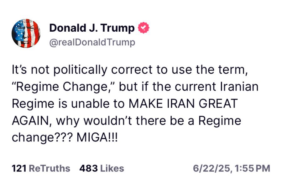 SinaEstavi's tweet photo. 🚨BREAKING: Donald Trump hints at possible regime change in Iran.

“If the current Iranian regime is unable to MAKE IRAN GREAT AGAIN, why wouldn’t there be a regime change???” — Trump writes on Truth Social.

This might be the clearest message yet…
The world is watching.
Change is no longer just a dream.

Make IranGreat Again 🇮🇷🔥 #MIGA ✊

#Iran #Trump #MIGA #RegimeChange