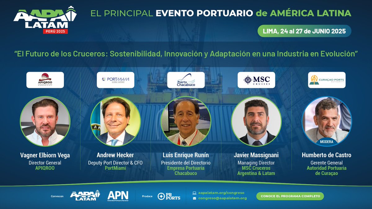🛳️Panel "El Futuro de los Cruceros: Sostenibilidad, Innovación y Adaptación en una Industria en Evolución"

🇲🇽Vagner Vega <a href="/APIQROO/">APIQROO</a>
🇺🇸Andrew Hecker <a href="/PortMiami/">PortMiami</a>
🇨🇱Luis Runín <a href="/emporcha/">Empresa Portuaria Chacabuco</a>
🇦🇷Javier Massignani <a href="/MSCCrucerosArg/">MSCCruceros</a> &amp; #Latam

🧭 Moderación: Humberto de Castro <a href="/Curacaoports/">Curacao Ports (CPA)</a>