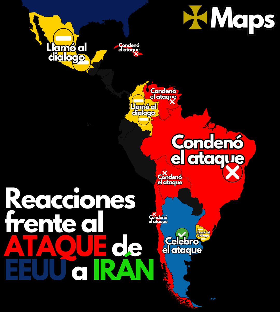 mapas_x's tweet image. Reacciones frente al ataque de EEUU🇺🇸 a Irán🇮🇷: