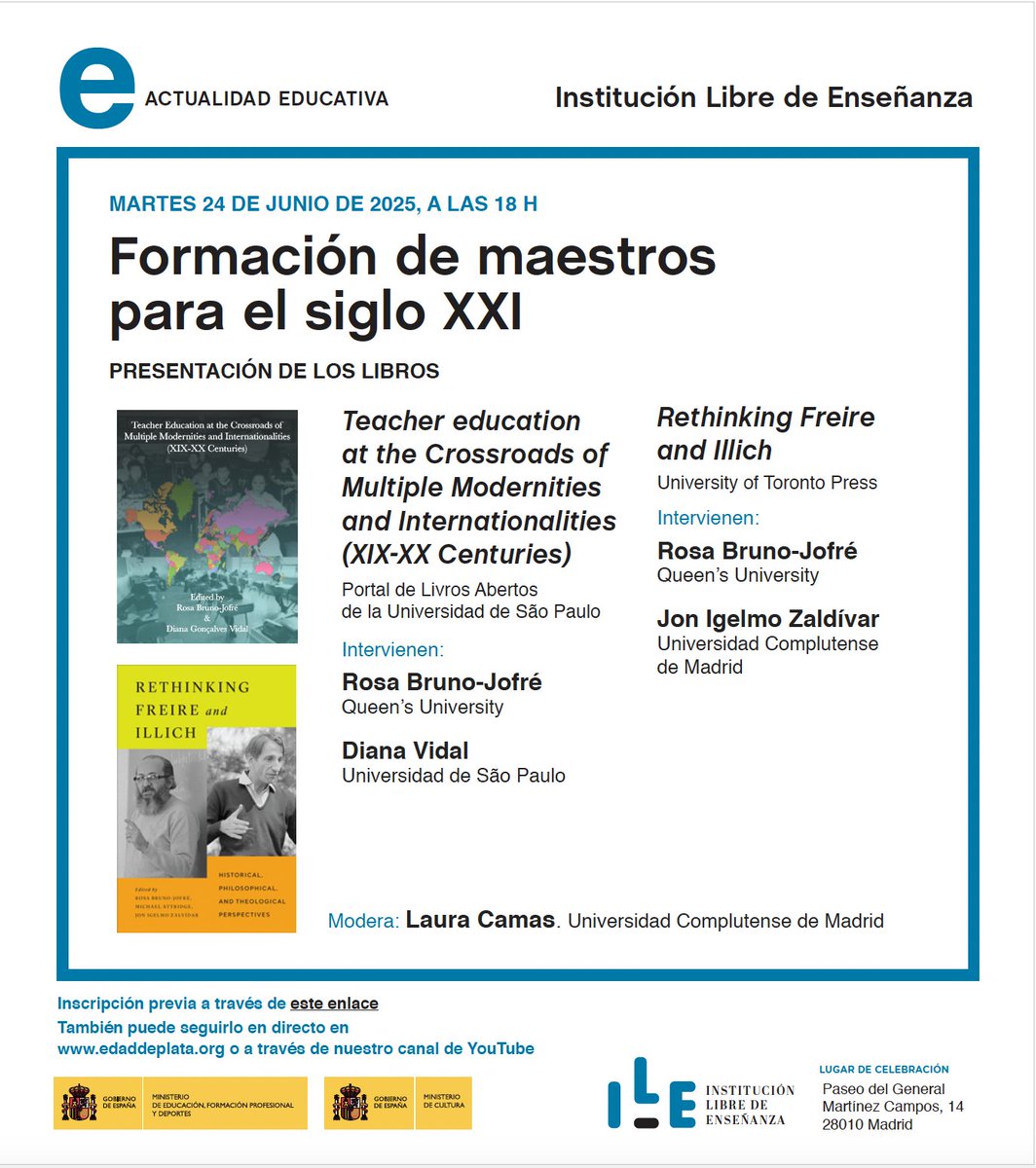 Carlos Magro (@c_magro) on Twitter photo El martes 24 (18h), última sesión del Ciclo Actualidad Educativa de la Institución Libre de Enseñanza por este curso escolar con <a href="/JonIgelmo/">Jon Igelmo Zaldívar</a> y <a href="/LauraCamas1/">Laura Camas</a> de <a href="/CCyPE_UCM/">Cultura Cívica y Políticas Educativas (grupo UCM)</a>, Diana Vidal <a href="/usponline/">USP - Universidade de São Paulo</a> y Rosa Bruno-Jofré <a href="/queensu/">Queen's University</a>
Inscripción👇docs.google.com/forms/d/e/1FAI…
‼️En septiembre más El martes 24 (18h), última sesión del Ciclo Actualidad Educativa de la Institución Libre de Enseñanza por este curso escolar con <a href="/JonIgelmo/">Jon Igelmo Zaldívar</a> y <a href="/LauraCamas1/">Laura Camas</a> de <a href="/CCyPE_UCM/">Cultura Cívica y Políticas Educativas (grupo UCM)</a>, Diana Vidal <a href="/usponline/">USP - Universidade de São Paulo</a> y Rosa Bruno-Jofré <a href="/queensu/">Queen's University</a>
Inscripción👇docs.google.com/forms/d/e/1FAI…
‼️En septiembre más
