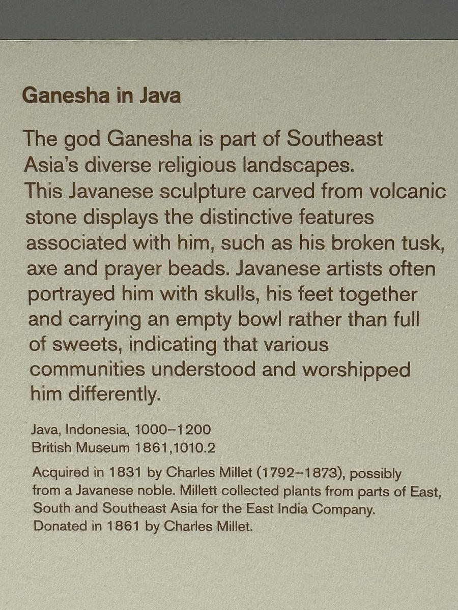 HeraldLinde's tweet photo. The world needs a bit of beauty. Saw this stunning Javanese Ganesha 🐘 at the British Museum's "Ancient India" exhibit 🏛️. Originating c. 1000-1200 CE (Kediri/Singasari?), it sits with feet together, evoking a childlike princess from the *Sumanasantaka* poem. A small skull adorns its head. A beauty.