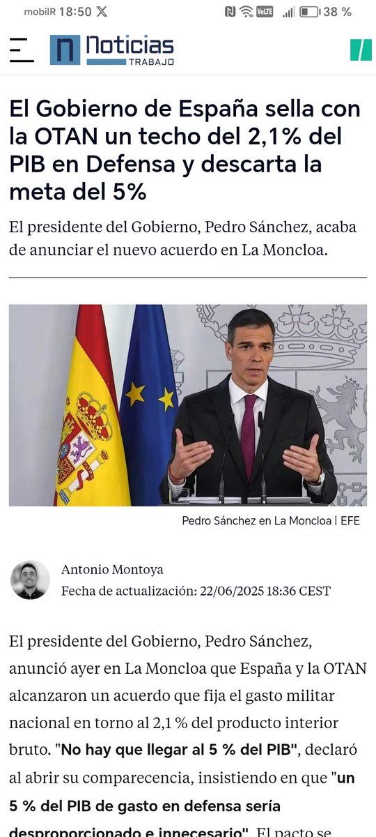 CRYPTOINFOMO's tweet photo. #Pedrosanchez pacta con la #Otam un techo del 2.1% del #PIB de #defensa y no bajara la meta del 5% porque dice que es un #despilfarro de #miles de #millones de #euros e incompatible con su estado del #Bienestar y con su visión del mundo
 #España #español #gobierno #presidente https://t.co/cXfRQ3pRoO