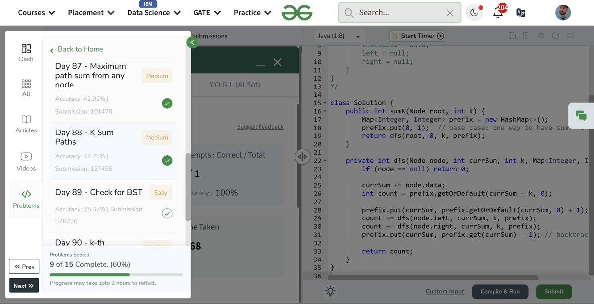 Jeeteshwar07's tweet photo. Day 88 of my GFG 160 journey — solved “K Sum Paths”! ➕🌳
Tracked down all paths adding up to K — recursion and backtracking in perfect sync! 🔄🧠
#Day88 #KSumPaths #BinaryTreeMagic #RecursiveThinking #gfg160 #geekstreak2025 @geeksforgeeks https://t.co/1elcneeOKo