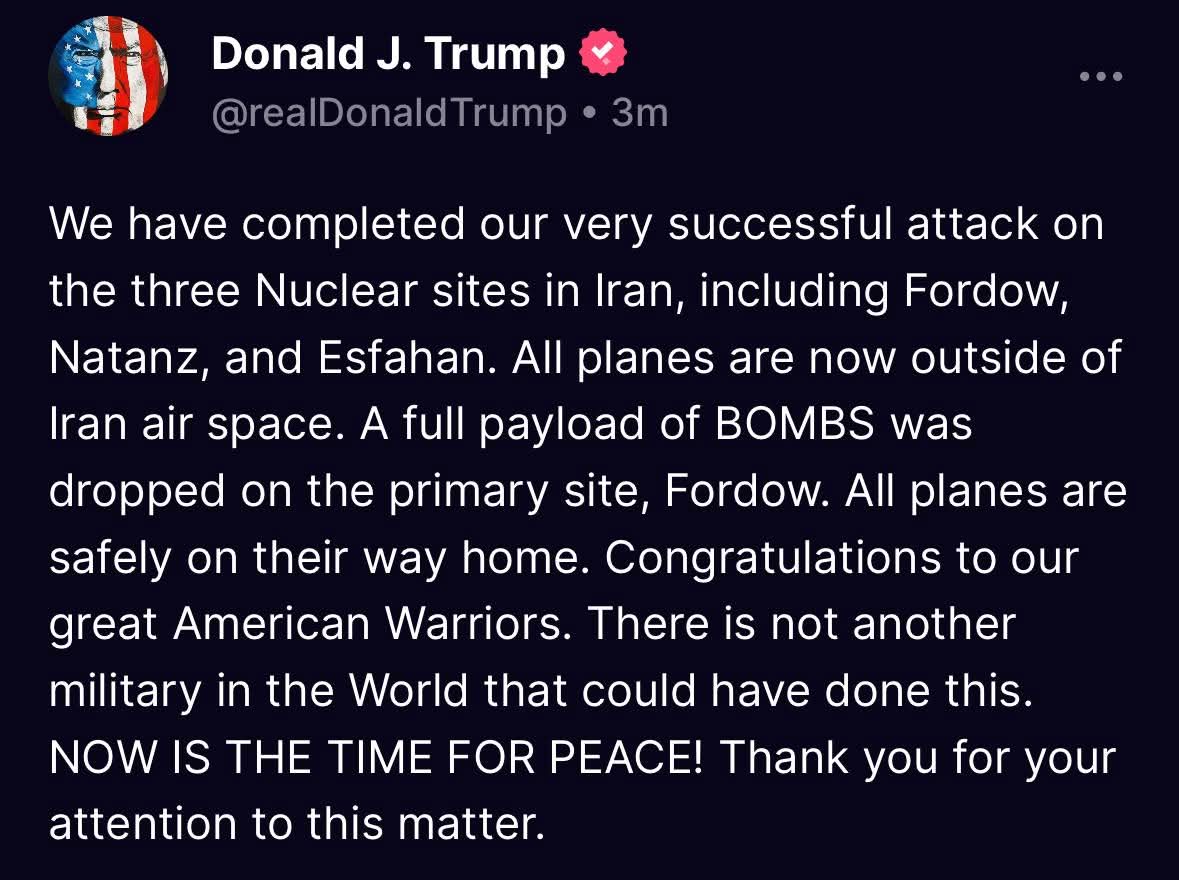 riverfideda's tweet photo. "NOW IS THE TIME FOR PEACE" says Trump after authorizing the planned destruction of a nuclear site as part of an unprovoked aggression

#Iran
#IranIsraelConflict #Trump #MAGA #IsraeliranWar #IranVsIsrael https://t.co/4SbiB9nnLE