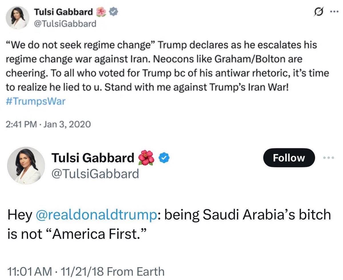 EastEndJoe's tweet photo. Hey @TulsiGabbard what’s your take on this topic now? https://t.co/t75Wenugjb