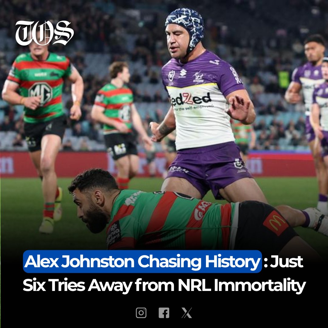 timesofsydney's tweet image. Alex Johnston is now just six tries away from breaking Ken Irvine’s iconic record after scoring four against the Storm. A legendary chase is in motion.
#NRL #Johnston #TryScorer #Rabbitohs #BreakingRecords