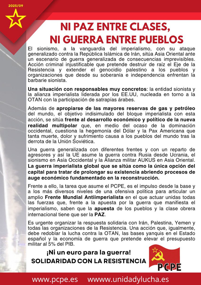 PCPE_Comunista's tweet photo. 🚩Ni paz entre clases, ni guerra entre pueblos

"Es urgente organizar la respuesta solidaria con Irán, Palestina, Yemen y todas las organizaciones de la Resistencia. Redoblar la lucha contra la OTAN, las bases yankees en el Estado español y la economía de guerra" https://t.co/RcHR5gmiXl