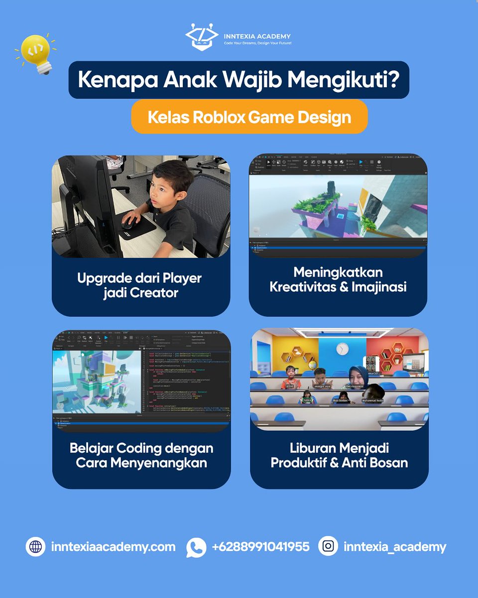 inntexiaacademy's tweet image. Kenapa anak WAJIB ikut kelas ini? 😍👇
💡 Dari player jadi creator
🧠 Meningkatkan kreativitas &amp;amp; imajinasi
👾 Belajar coding dengan cara fun
🎯 Liburan jadi produktif &amp;amp; anti bosen!
#RobloxDeveloper #BelajarNgoding #Codingkids