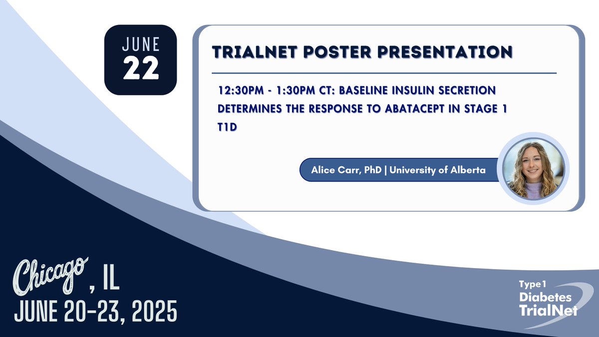 T1D_TrialNet's tweet image. Be sure to stop by today’s #ADA2025 Late Breaking Poster Session where #TrialNet investigator Alice Carr will present 1962-P “Baseline Insulin Secretion Determines the Response to Abatacept in Stage 1 T1D”