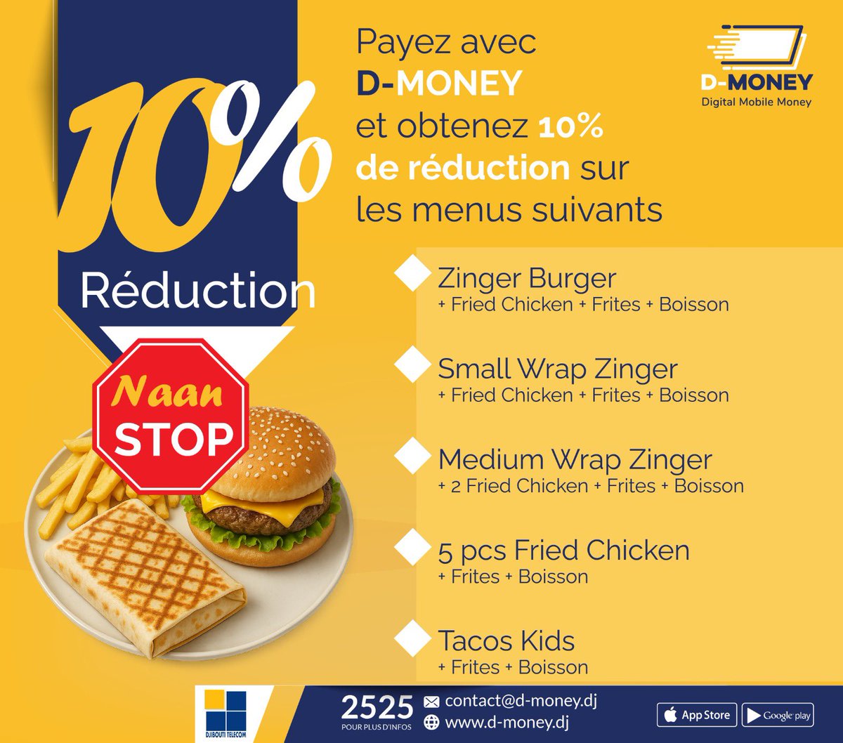 djiboutimoney's tweet photo. Payez avec D-MONEY chez Naan Stop et profitez de 10% de réduction sur une sélection de menus gourmands !
Faites des économies tout en vous régalant 😋
📲 Simple, rapide et sécurisé avec D-Money !

#DMoney #NaanStop #Réduction #BonPlan #FoodLovers https://t.co/deW1uNYNR9