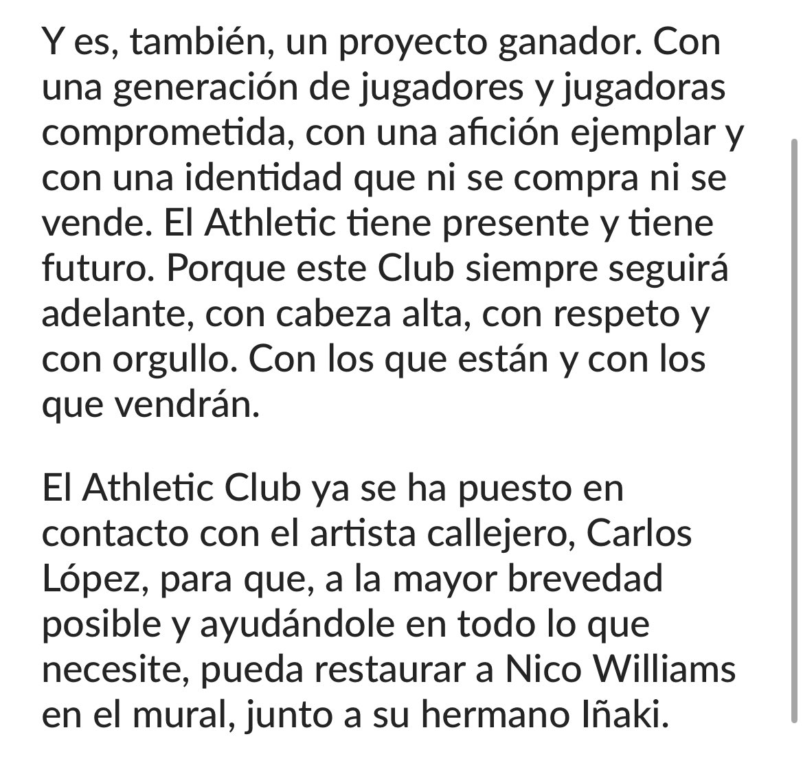 -Rechaza el acto como es debido 

-Defiende intereses del club y sus integrantes

- Critica la arrogancia, los rumores y el desprecio que llevamos viviendo estas semanas

- Pasado, Presente y Futuro. Con los que están y los que vendrán.

        HAU DA GURE ESTILOA ⚔️