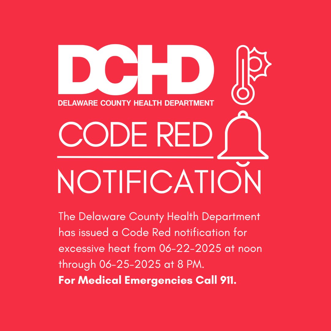 On 06-22-2025 at 10 AM, the Delaware County Health Department has issued a Code Red notification for excessive heat from 06-22-2025 at noon through 06-25-2025 at 8 PM.  Heat Health notifications are guided by temperature and relative humidity percentage. bit.ly/4neKI9g