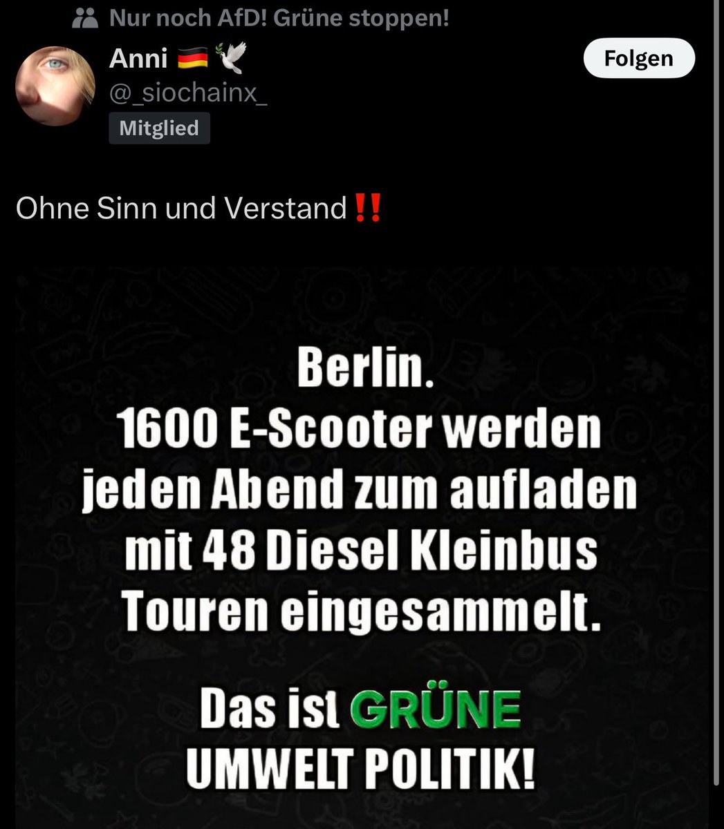 m_t_mask's tweet photo. Wirtschaftsprüfer Mask ermittelt. 

1600 E-Scooter müssen täglich geladen werden. Bei einer Kapazität von 25km (Durschschnittswert) sind das 40.000km die täglich innerhalb Berlins gefahren werden. 

Wenn wir von 7l Benzin / 100km ausgehen, kommen wir bei 2.800l Benzin raus um diese Strecke mit Autos zu fahren. 

1L Benzin setzt circa 2,3kg CO2 frei. 
Rechnen wir 2.800 x 2,3kg, kommen wir auf 6440 kg CO2. 

—

Eine E-Scooter Ladung bei Voi entspricht circa 0,6kg CO2. Wir kommen bei 1600 eScootern x 0,6kg / Akkuladung also auf 960kg/Tag. 

Rechnen wir das in % um, ergibt das eine CO2-Ersparnis von 85,1%. 

Ergo: die 48 Kleinbusstouren müssten über 5 Tonnen produzieren, dass es sich nicht mehr rentiert. Dafür müssten diese Kleinbusse 188.000 Kilometer fahren. Das heißt: mehr als 4x um den Äquator. 

Der Äquator ist die Strecke ein Mal um die ganze Erde (die rund ist) an ihrer breitesten Stelle. 

Das heißt: die AfD Befürworterin redet kolossale Scheiße.