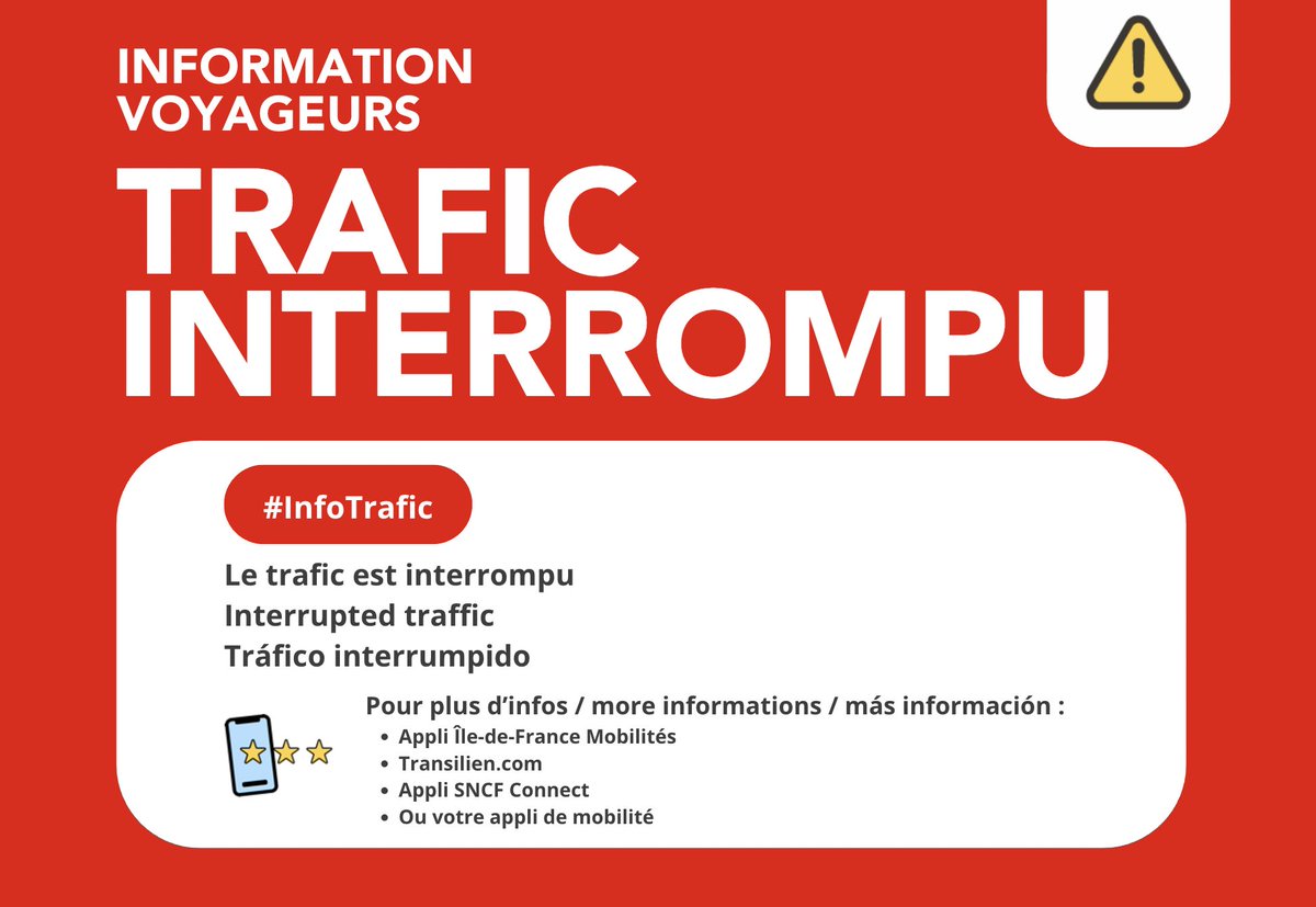 ❌#InfoTrafic #LigneH MàJ
Le trafic est interrompu entre Creil et Persan - Beaumont dans les deux sens de circulation jusqu'à 20h00 en répercussion d'une panne d'alimentation électrique dans le secteur de Boran sur Oise