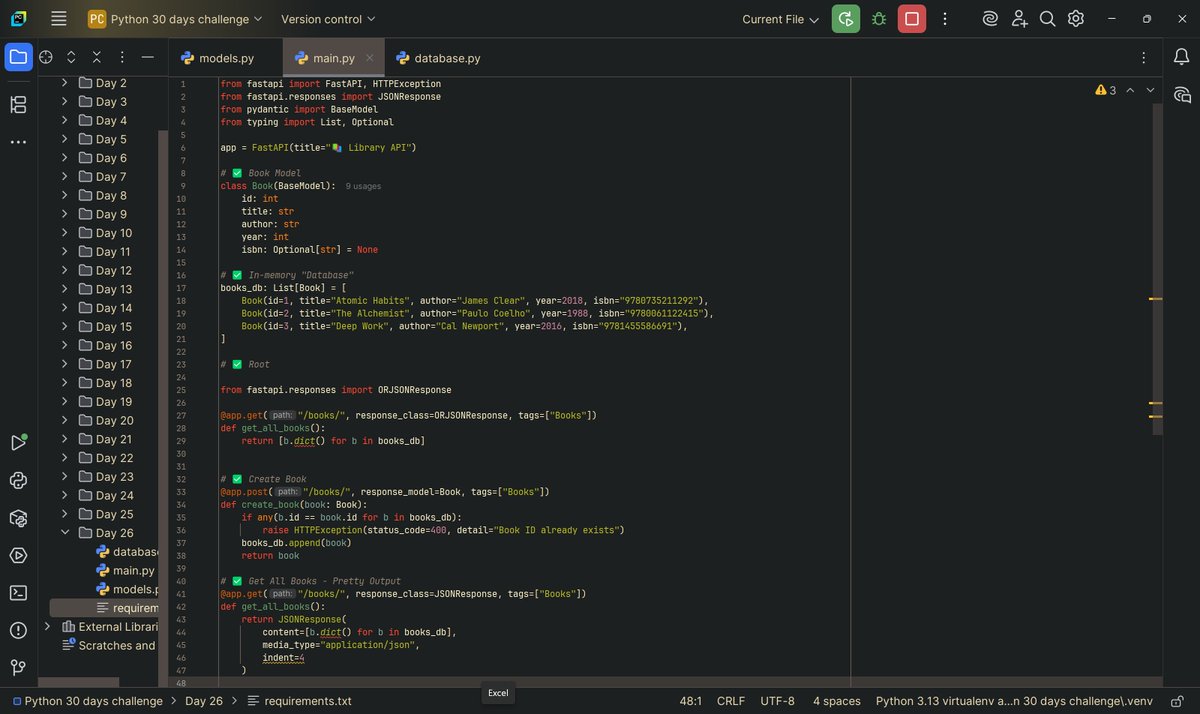 jagadeesh917767's tweet image. 🚀 Day 2️⃣6️⃣ – FastAPI Fun Begins!
Built RESTful APIs with FastAPI – lightning fast &amp;amp; super clean!
🔹 Mastered GET, POST, PUT, DELETE
🔹 Auto docs with Swagger UI 🤯
Next up: CRUD + In-Memory DB 🔥
#Day26 #FastAPI #PythonAPI #IDC30DaysChallenge