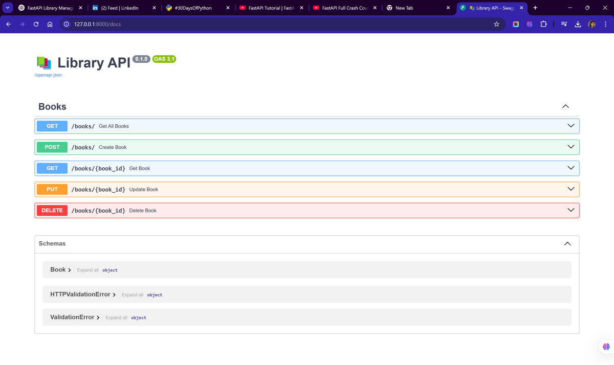 jagadeesh917767's tweet image. 🚀 Day 2️⃣6️⃣ – FastAPI Fun Begins!
Built RESTful APIs with FastAPI – lightning fast &amp;amp; super clean!
🔹 Mastered GET, POST, PUT, DELETE
🔹 Auto docs with Swagger UI 🤯
Next up: CRUD + In-Memory DB 🔥
#Day26 #FastAPI #PythonAPI #IDC30DaysChallenge