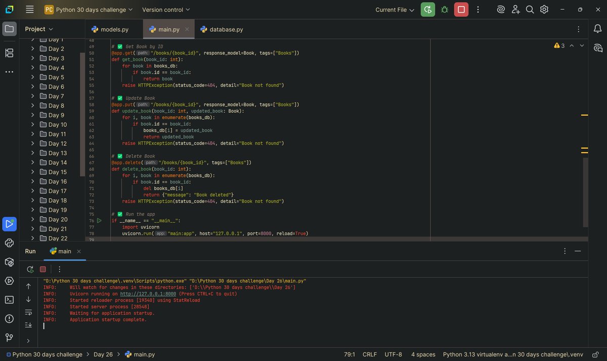 jagadeesh917767's tweet image. 🚀 Day 2️⃣6️⃣ – FastAPI Fun Begins!
Built RESTful APIs with FastAPI – lightning fast &amp;amp; super clean!
🔹 Mastered GET, POST, PUT, DELETE
🔹 Auto docs with Swagger UI 🤯
Next up: CRUD + In-Memory DB 🔥
#Day26 #FastAPI #PythonAPI #IDC30DaysChallenge