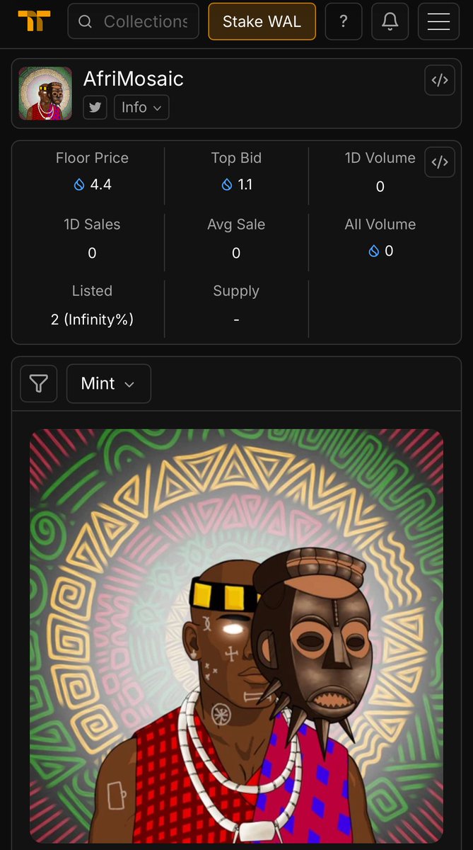 Anayo.sui (@anayophd) on Twitter photo Africa now is your time. Floor price is 4.4 already. <a href="/AfriMosaic/">AfriMosaic</a> to the moon!
tradeport.xyz/sui/collection… Africa now is your time. Floor price is 4.4 already. <a href="/AfriMosaic/">AfriMosaic</a> to the moon!
tradeport.xyz/sui/collection…
