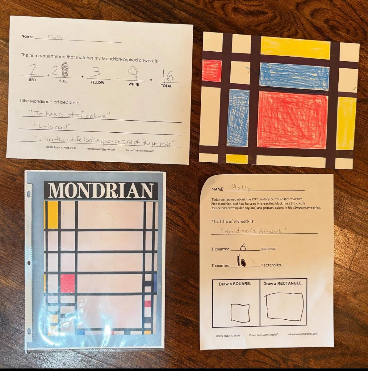 Prek girls put on their #mathgoggles and created number sentences (and compared/contrasted squares and rectangles!) using their primary-colored art made in the spirit of Piet Mondrian. #MathGoggles #Math+Art=Fun #mondrian