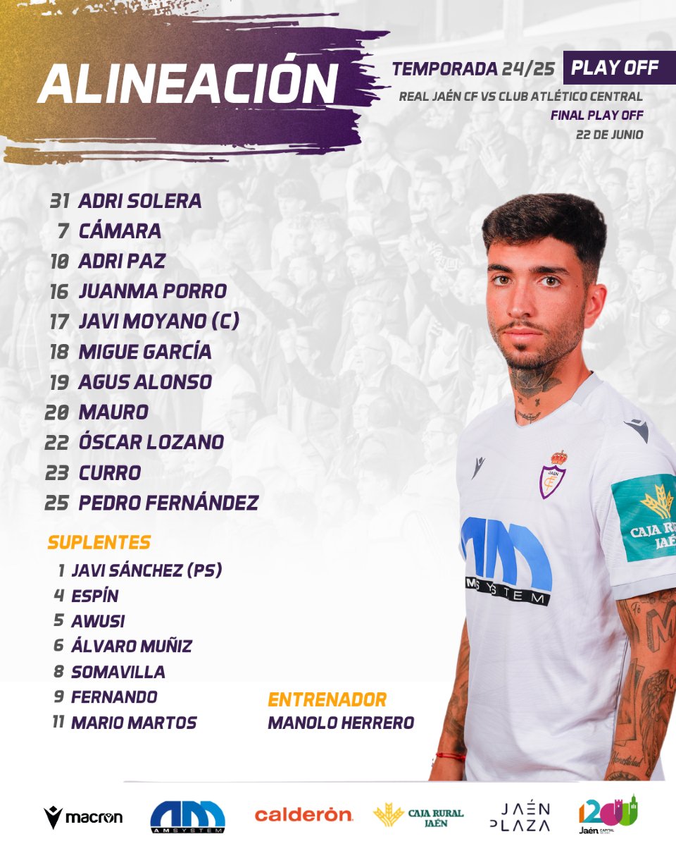 RealJaenCF's tweet photo. 𝗔𝗟𝗜𝗡𝗘𝗔𝗖𝗜𝗢́𝗡 | 𝗥𝗲𝗮𝗹 𝗝𝗮𝗲́𝗻 𝗖𝗙 📋

🤞🏽¡Este es el ONCE elegido por Manolo Herrero en el día de hoy! 💜

#RealJaénCFAtcoCentral #Playoff #Directo https://t.co/yQpsvu6RKQ