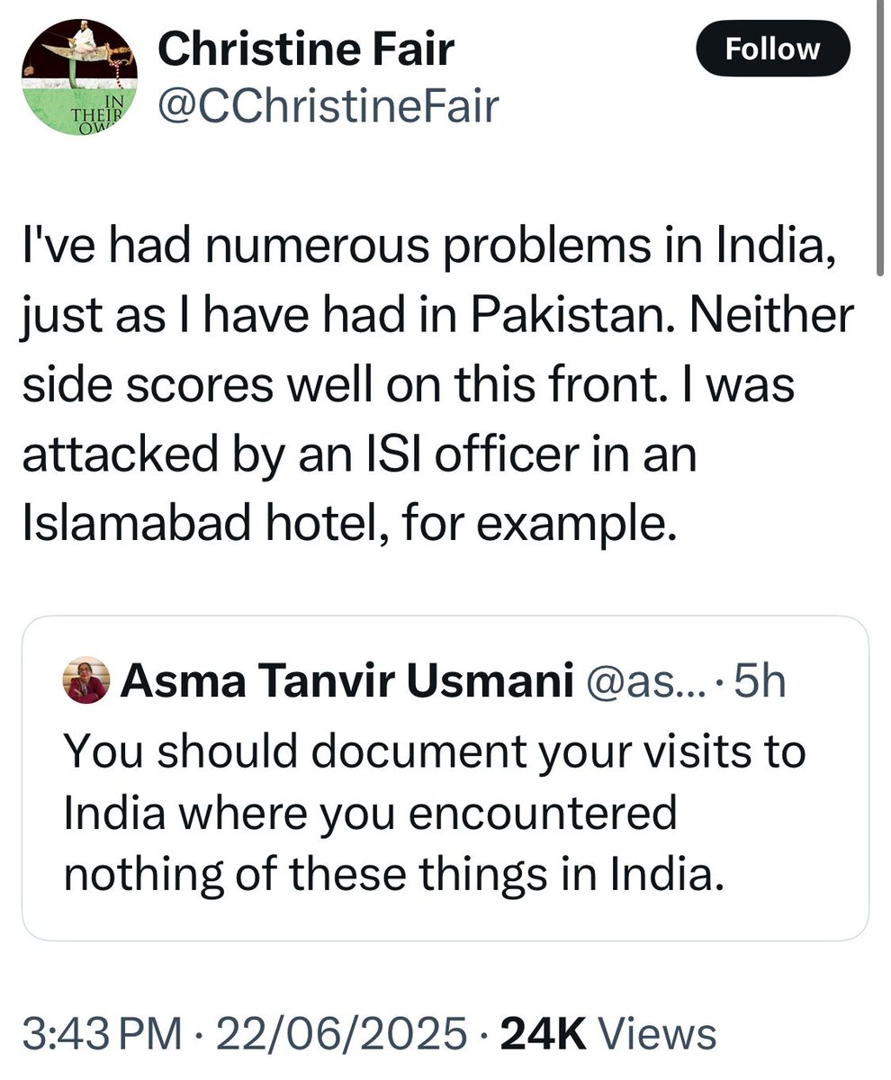 Christine Fair claims, she was attacked by an ISI officer in a hotel.

Ma’am, ISI isn’t running a wrestling league in Islamabad hotels, its the name of discipline and fitness.
If you name the officer, we would love to schedule a re-examination of his eyesight, judgment, and