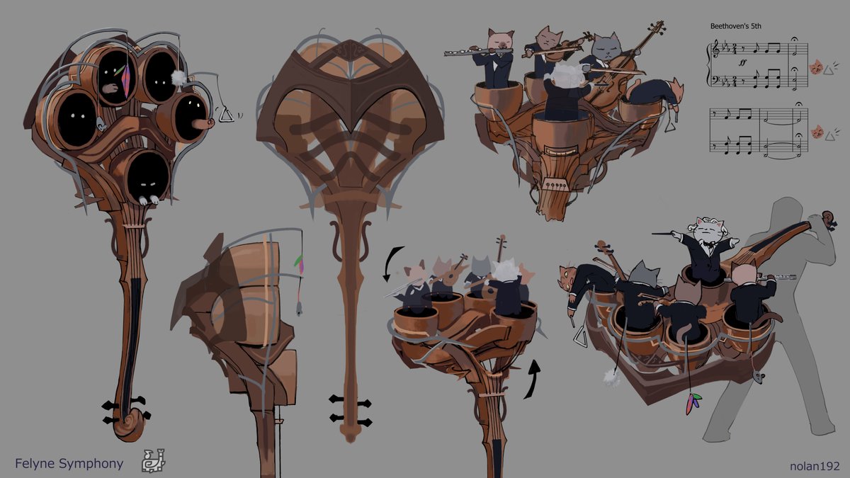 billowypillow's tweet image. Felyne Symphony Hunting Horn - This concept started as a joke and got really complicated, it's probably not feasible but was a lot of fun anyways #MHWilds #weaponentry