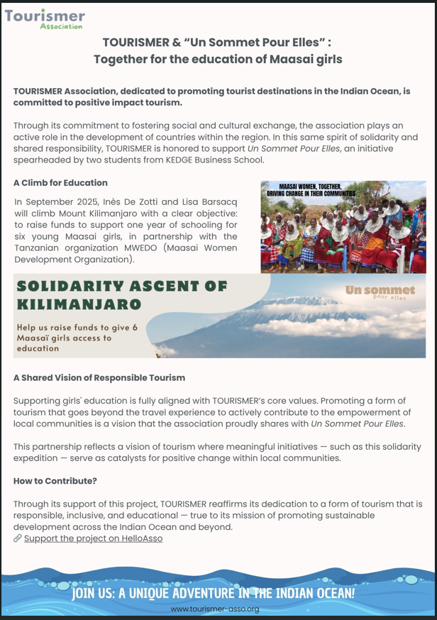 #TOURISMER #Education #Mentorat
A new partnership with the initiative “Un Sommet Pour Elles”: a human, educational, and solidarity-driven adventure led by two students from KEDGE Business School, 

tourismer-asso.org
tourismer.io
tourismer.org