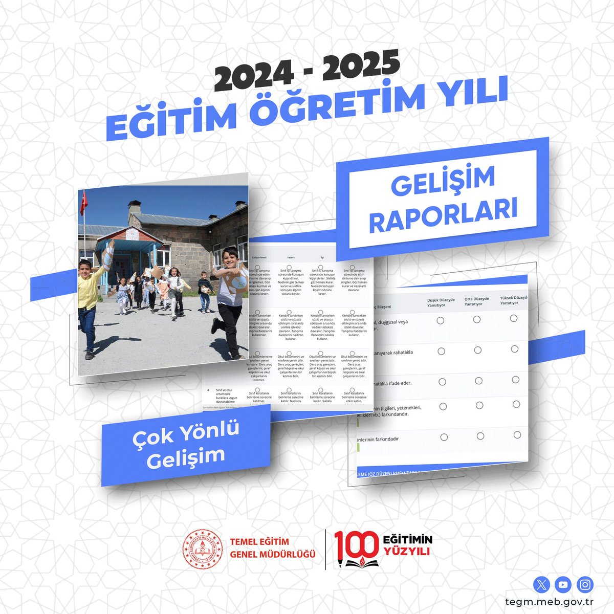 Türkiye Yüzyılı Maarif Modeli kapsamında öğrencilerimizin gelişim sürecinin tüm ayrıntılarıyla somut bir şekilde değerlendirilmesini sağlayacak şekilde gelişim raporu verilmesine yönelik uygulama başlatıldı.

#EğitiminYüzyılı

<a href="/tcmeb/">Millî Eğitim Bakanlığı</a>
<a href="/Yusuf__Tekin/">Yusuf Tekin</a>
<a href="/farukyelkenci/">Ömer Faruk Yelkenci</a>
<a href="/ebubekirsavasci/">Ebubekir Sıddık Savaşçı</a>