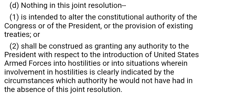 EliyahuNeiman's tweet image. For anyone referencing the War Powers Act of 1973 as justification for President Trump's unilateral actions