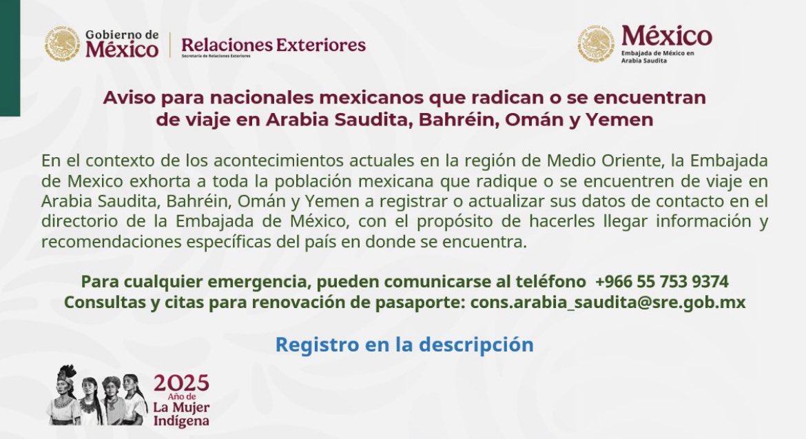 Aviso para nacionales de México en Arabia Saudita, Bahréin, Omán y Yemen
Vínculo de registro: bit.ly/3ZGcNwh