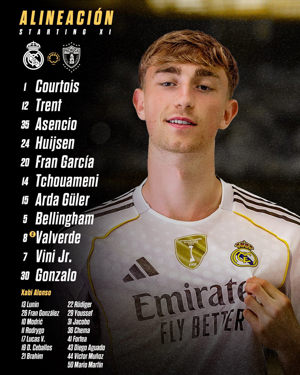 Real Madrid'de milli futbolcumuz 🇹🇷 Arda Güler, Pachuca maçına ilk 11'de başlayacak.