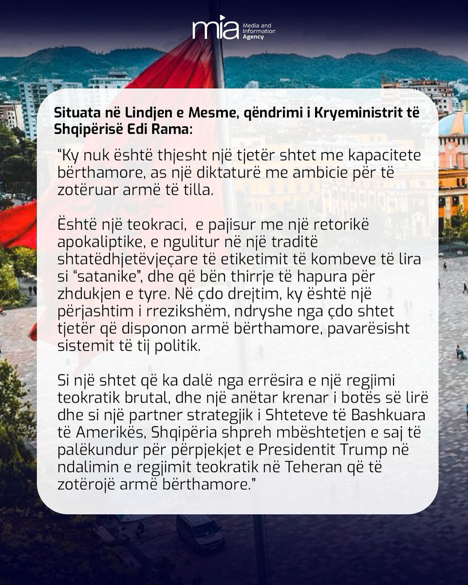 mia_gov_al's tweet image. Kryeministri i Shqipërisë Edi Rama në platformën sociale X u shpreh se Shqipëria mbështet përpjekjet e Presidentit Trump për të parandaluar regjimin teokratik në Teheran të pajiset me armë bërthamore