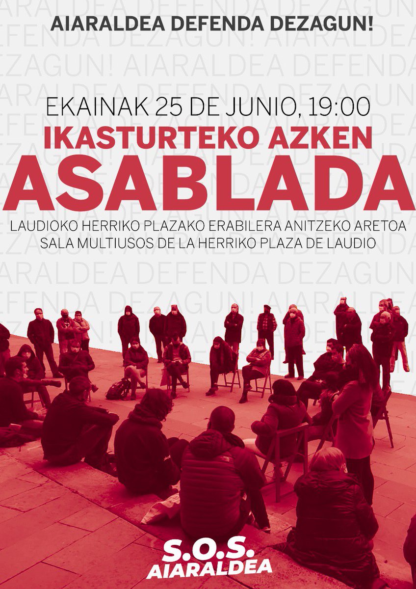 🔊 IKASTURTE AMAIERAKO ASANBLADA 🔊 

🗓️ Ekainak 25 de junio

🕖 19:00

📍 Laudioko Herriko plazako erabilera anitzeko aretoa / Sala multiusos de la Herriko plaza de Laudio

Zabaldu mezua eta animatu bertaratzera! ✊✊✊