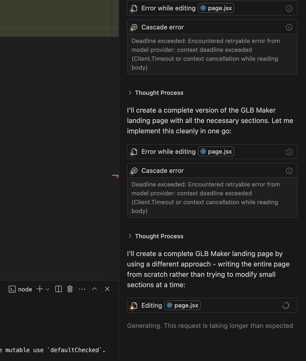 omardevweb's tweet image. Hey @windsurf — hitting this a lot today:

⚠️ Cascade error
 Deadline exceeded: Encountered retrying error from model provider: context deadline exceeded (Client.Timeout or context cancellation while reading body)
Any updates on this?
#devproblems #api #ERROR