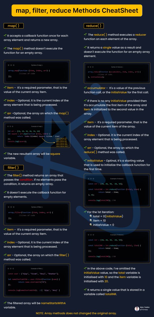ATechAjay's tweet image. Map, Filter, &amp;amp; Reduce CheatSheet in JavaScript.🎉