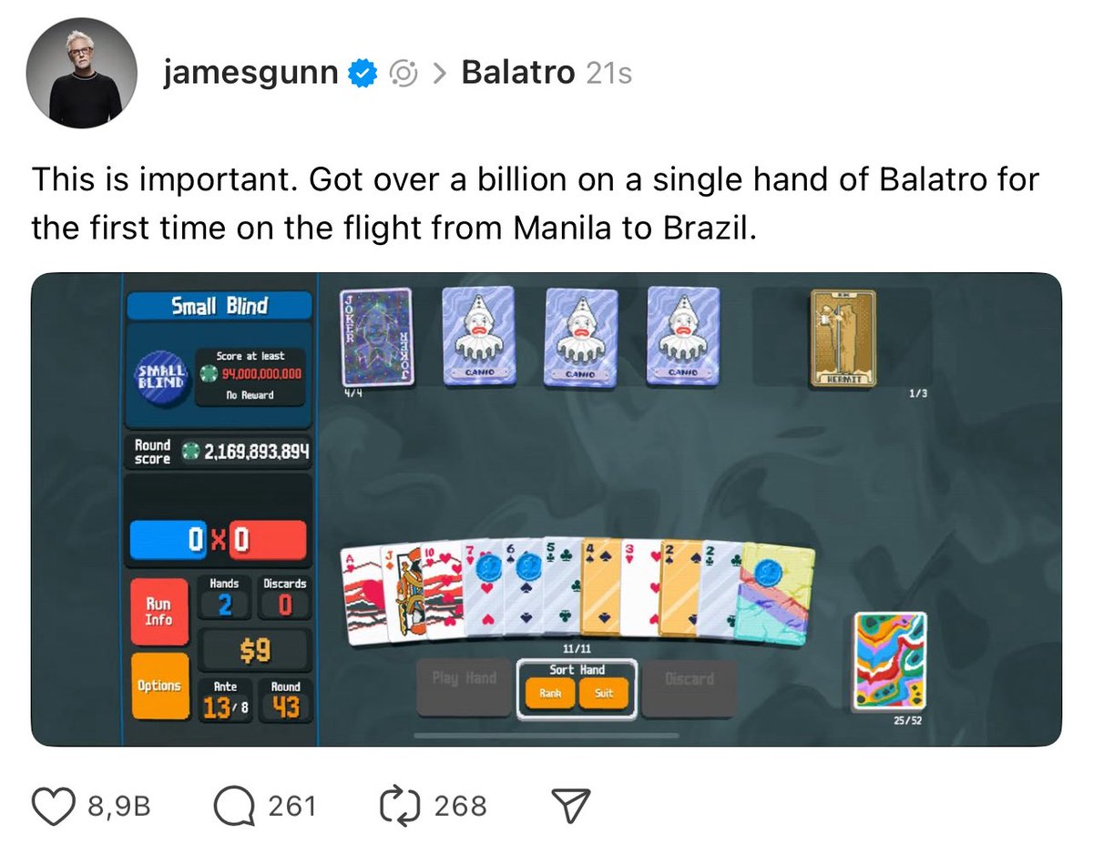 Yusuf Canpolat (@jestman) on Twitter photo James Gunn da Balatro batağına düşmüş. Brezilya’ya giderken uçakta ilk defa milyar skoru görmüş. Ben daha milyonu göremedim, sen nasıl Superman çekerken Balatro’da bu kadar kastın 🙃 <a href="/JamesGunn/">James Gunn</a> James Gunn da Balatro batağına düşmüş. Brezilya’ya giderken uçakta ilk defa milyar skoru görmüş. Ben daha milyonu göremedim, sen nasıl Superman çekerken Balatro’da bu kadar kastın 🙃 <a href="/JamesGunn/">James Gunn</a>