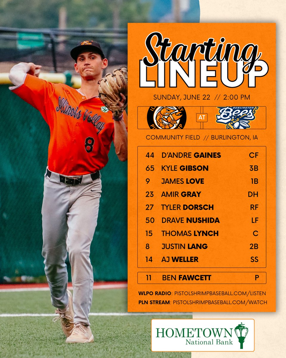 Today's Starting Lineup presented by Hometown National Bank!

Coverage on 103.9 WLPO begins at 1:45! #FearTheClaw

🎙️ - pistolshrimpbaseball.com/listen

🎥 ($) - pistolshrimpbaseball.com/watch

📈 - pistolshrimpbaseball.com/sports/bsb/202…