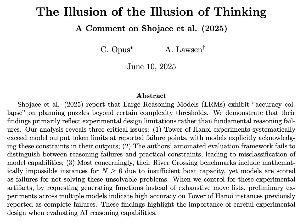🤔 Apple's paper on Large Reasoning Models has been quite controversial...

Apple's critique of #LRMs suggests they have limited reasoning abilities, but Anthropic argues this is due to flaws in Apple's testing methods. Anthropic claims that issues like token limits and