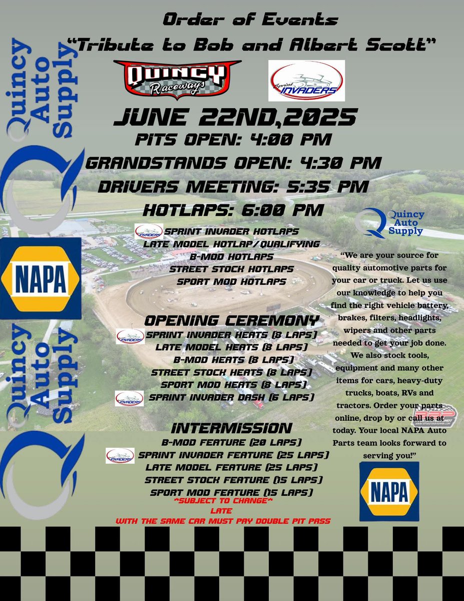 Order of events for tonight’s tribute to Bob and Albert Scott featuring Sprint Invaders

Please note times have been moved back due to excessive heat, with the pit gates opening at 4 PM and hotlaps beginning at 6PM

Safe travels to all our racing fans and teams, stay hydrated
