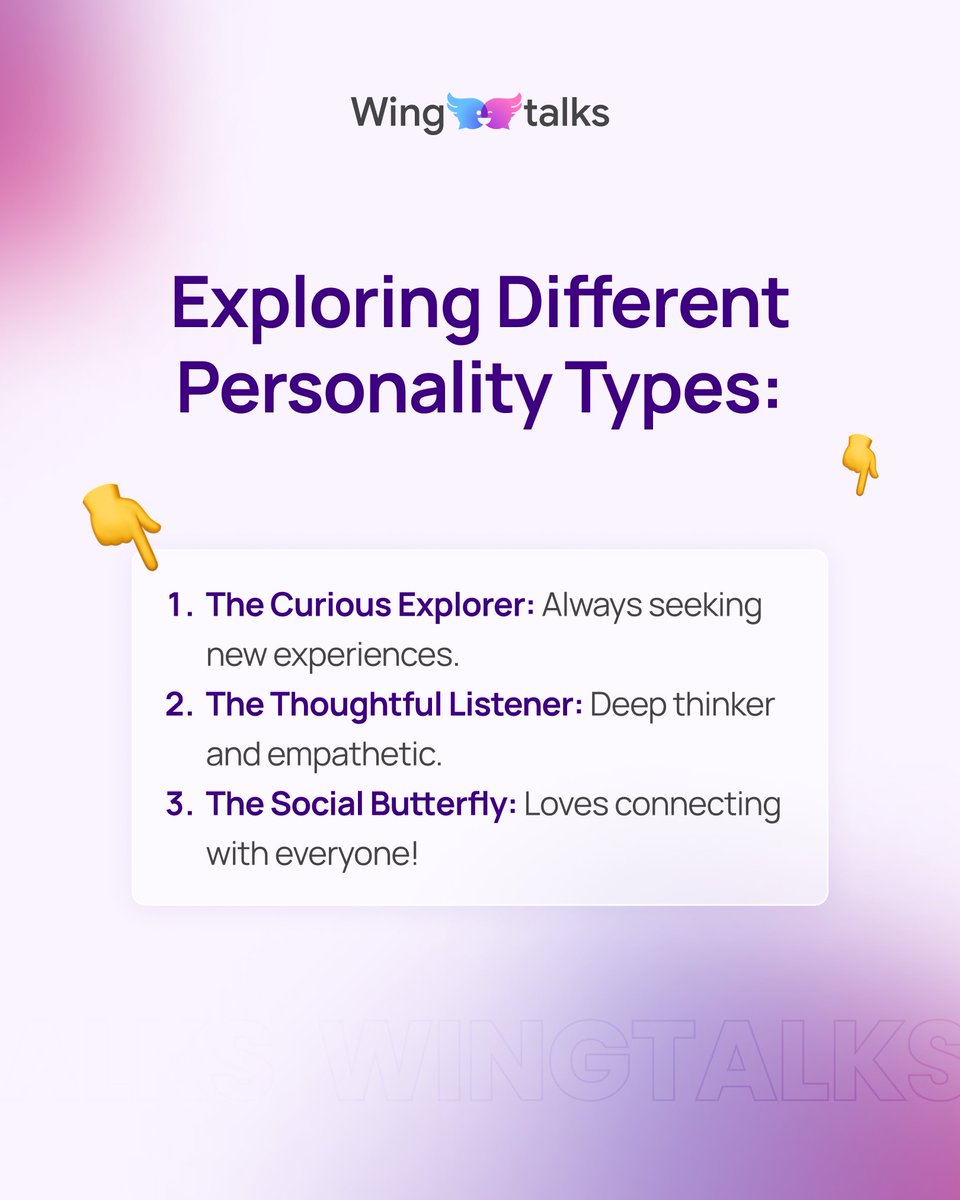 wingtalkscom's tweet image. Which personality type do you connect with most? Let us know! 🌟

#PersonalityTypes #SocialExploration #Wingtalks