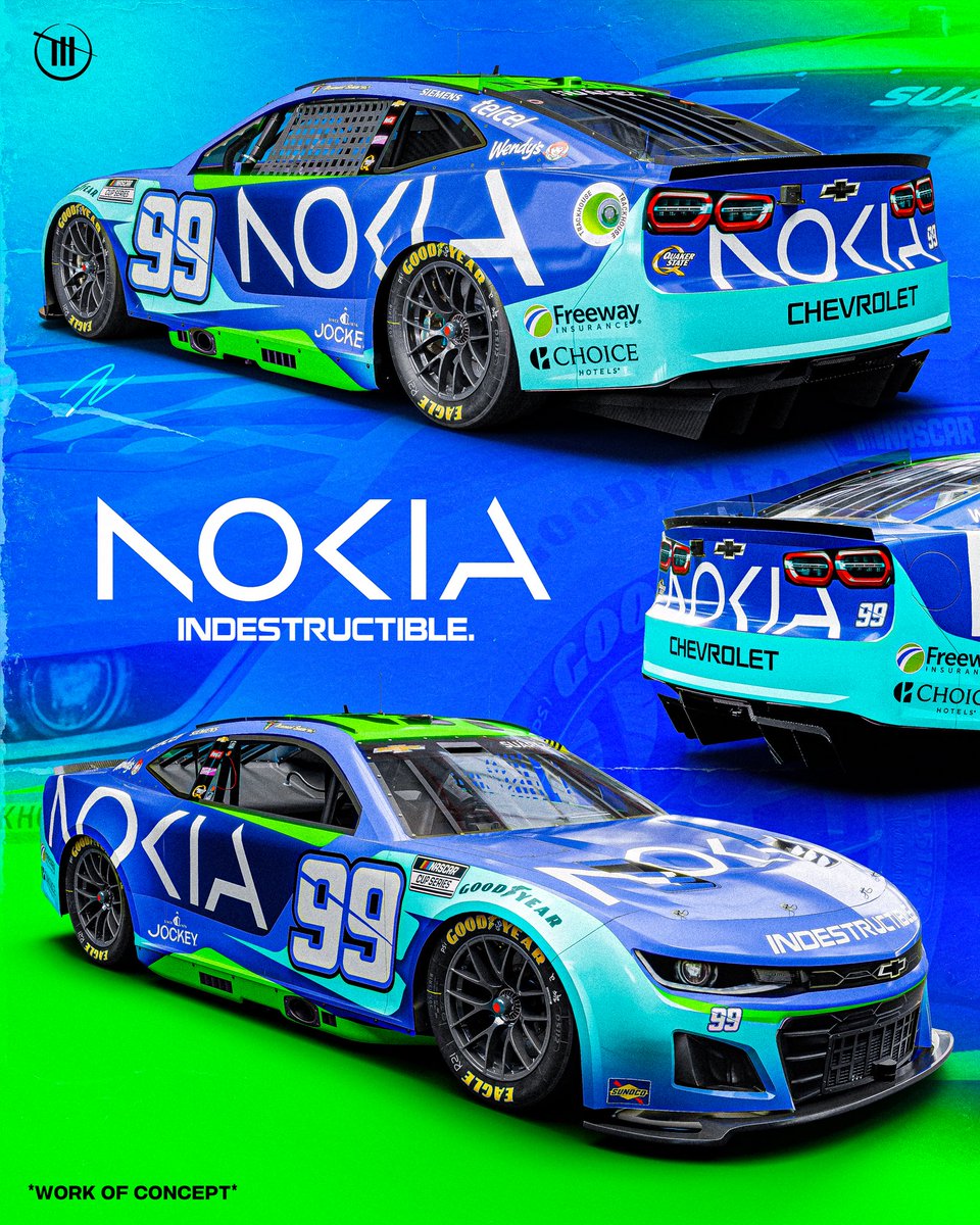 JarrettLDesigns's tweet photo. Who calling that? 

Bringing durability on and off the track. 

Here’s a Daniel Suarez 2025 Nokia concept for your feed before the start of the rain delayed race in Pocono! 

@nokia 
@Daniel_SuarezG 
@TeamTrackhouse https://t.co/znLr2YuWEq