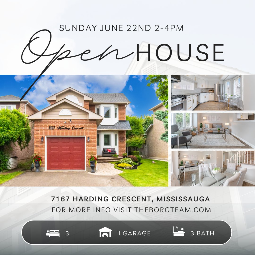 🏡 OPEN HOUSES TODAY IN MISSISSAUGA!
Saturday, June 22nd | 2:00 – 4:00 PM

We’re featuring 3 wonderful family homes—each with unique charm and move-in ready!

Drop by to view these beautiful homes — you won’t be disappointed!

🔍 For more details, visit: theborgteam.com