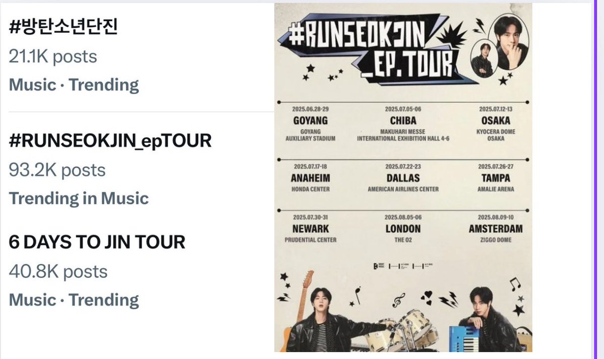 kinskay's tweet photo. Let’s continue to trend for Jin’s tour and reach 100K for our #RUNSEOKJIN_epTOUR tag.   

5 DAYS TO JIN TOUR
#RUNSEOKJIN_epTOUR
#Jin_TOUR https://t.co/nbM91gkK7K