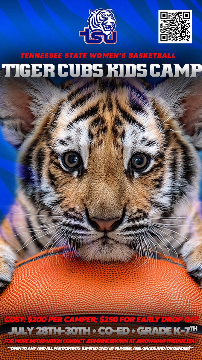 🚨 Calling All Future All-Stars! 🏀
Tiger Cubs Basketball camp is the perfect place to learn new skills, make friends, and have a blast on the court! 
📅 Dates: July 28-30
🕒 Time: 9AM–4PM
📍 Location: TSU: Gentry Center
✅ Register now candicedupreebasketball.totalcamps.com
📲 Tag a parent