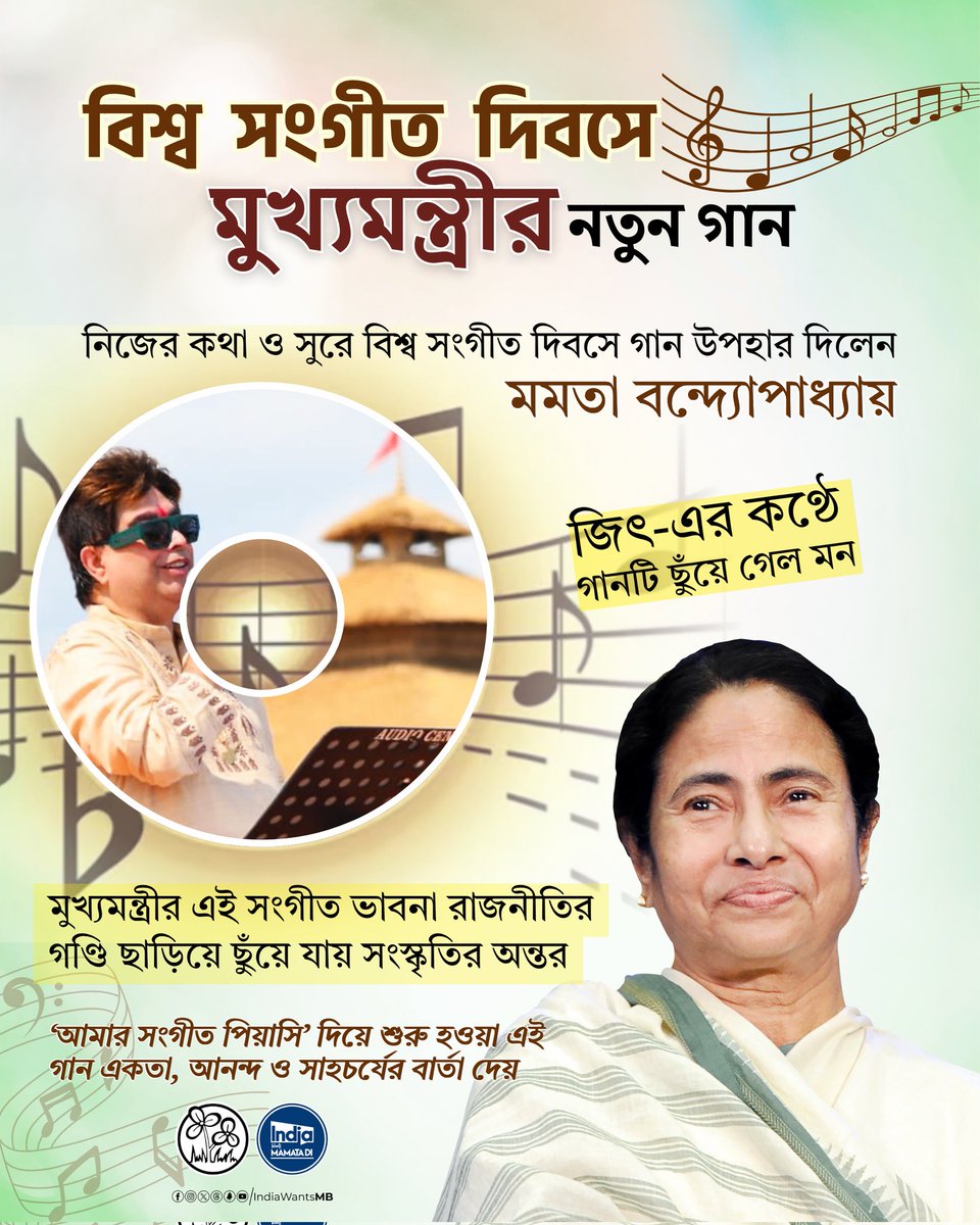 India Wants Mamata Di (@indiawantsmb) on Twitter photo On World Music Day, West Bengal CM <a href="/MamataOfficial/">Mamata Banerjee</a> posted a new song composed and written by her. The track, which was sung by singer Jeet, is about love for music and togetherness. Her love for culture keeps touching hearts over politics.
#WorldMusicDay #MamataBanerjee On World Music Day, West Bengal CM <a href="/MamataOfficial/">Mamata Banerjee</a> posted a new song composed and written by her. The track, which was sung by singer Jeet, is about love for music and togetherness. Her love for culture keeps touching hearts over politics.
#WorldMusicDay #MamataBanerjee